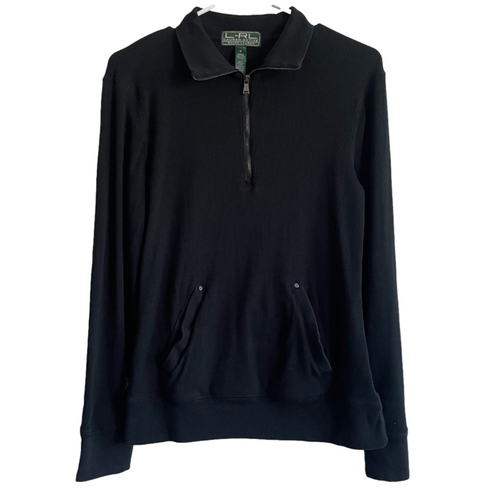 L-RL Lauren Active Black Quarter Zip Pullover Active Jacket Size Medium Kangaroo